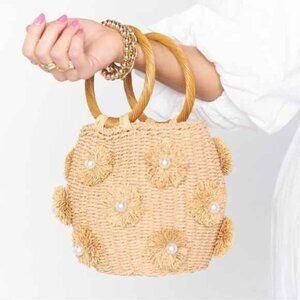 Woven Straw Pearl Round Bucket Bag